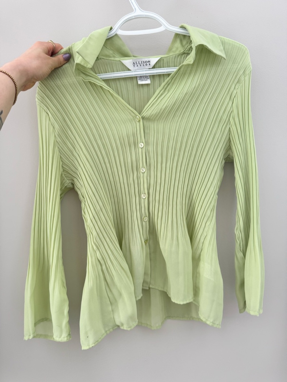 Allison Taylor Light Lime Pleated Button-Front Blouse